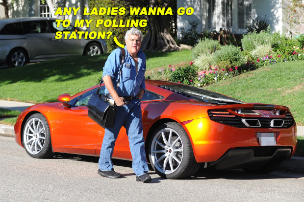 Jay Leno arrives at a polling station in Beverly Hills to cast his vote. The late night talk-show host pulled up in his McLaren sports car and stood in line with other voters at a community center near his home.