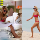 Russian supermodel Natasha Poly at the beach wearing a pink bandeau bikini in Miami Beach, FL. She took a swim in the ocean after eating a shrimp salad for lunch.
