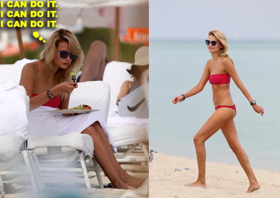 Russian supermodel Natasha Poly at the beach wearing a pink bandeau bikini in Miami Beach, FL. She took a swim in the ocean after eating a shrimp salad for lunch.