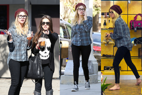 Ashley Benson, dressed down in a knit hat and plaid shirt, is spotted out and about in LA after grabbing lunch with a female friend