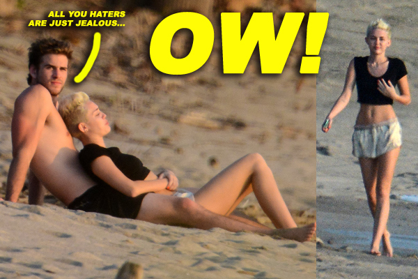 Miley Cyrus & Fiance Liam Hemsworth Cuddle Up on the Beach Watching the Sunset