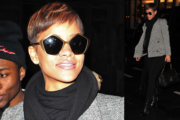 Rihanna rocks gold Miu Miu Culte sunglasses  and a knit grey jacket as she poses for photos with fans in NYC