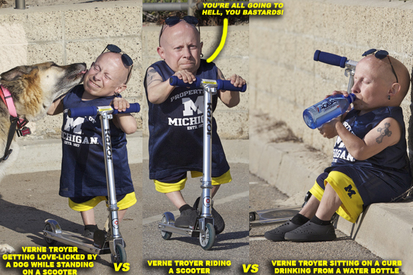 Verne Troyer gets some exercise on a kids scooter