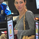 **EXCLUSIVE** Jessica Biel seen at LAX Airport as she waits in a line with her luggage