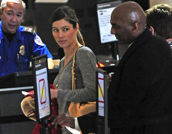 **EXCLUSIVE** Jessica Biel seen at LAX Airport as she waits in a line with her luggage