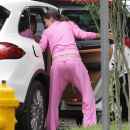 **EXCLUSIVE** Adriana Lima stays bright in a pink track suit as she heads out on a rainy day in Miami