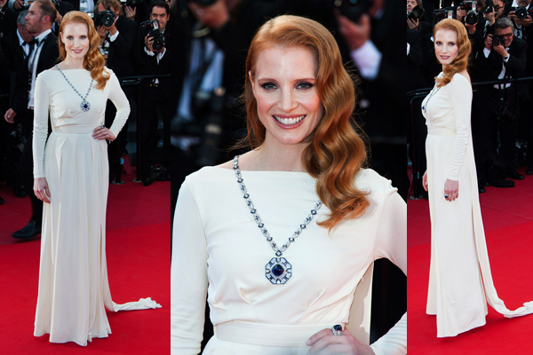 Jessica Chastain seen arriving at the 'Behind The Candelabra' screening at Palais des Festivals et des Congres as part of the 66th Cannes film Festival in Cannes