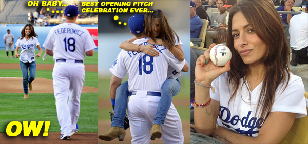 Tim Federowicz and Sarah Shahi Opening Pitch At Dodgers Game 1