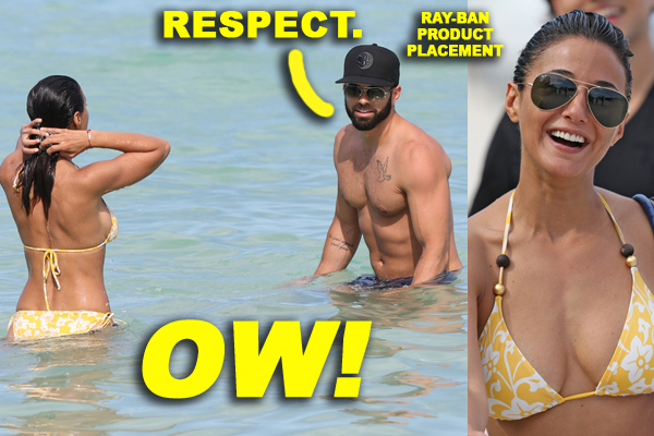 Emmanuelle Chriqui rocks a yellow string bikini as she and boyfriend Adrian Bellani hit the beach in Miami