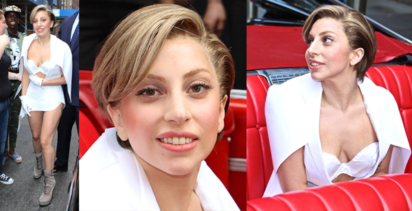 Lady Gaga leaves her NYC hotel in an old school 1959 Cadillac
