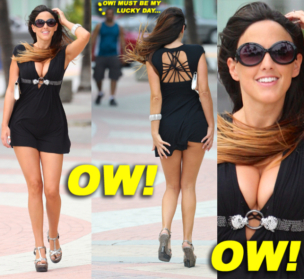 Claudia Romani in a black dress on a windy day in Miami
