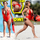 Plus model Jolena Forde busts out of her Baywatch babe red one-piece bathing suit as she rescues Russian rapper GeeGun Denis Ustimenko-Vainstein filming his new music video in Miami Beach, Florida