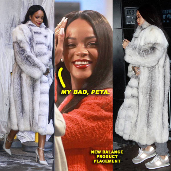 Rihanna leaving "Good Morning America" in a fur coat