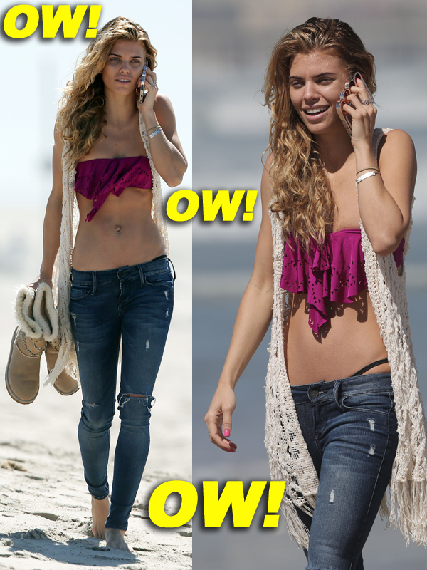 EXCLUSIVE: Dallas star AnnaLynne McCord takes advantage of the warm Los Angeles sunshine and goes for a walk on the beach in a bikini top and jeans