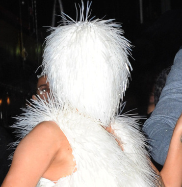 Lady Gaga seen in white furry outfit before her concert in NYC