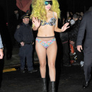 Lady Gaga seen wearing bikini, a sheer bottom and summer Hawaiian flowers and sea shells in New York City
