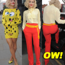 Rita Ora arriving at a studio, wearing a Spongebob Squarepants outfit