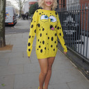 Rita Ora arriving at a studio, wearing a Spongebob Squarepants outfit