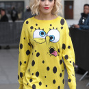 Rita Ora leaving the Radio 1 studios, wearing a SpongeBob SquarePants outfit
