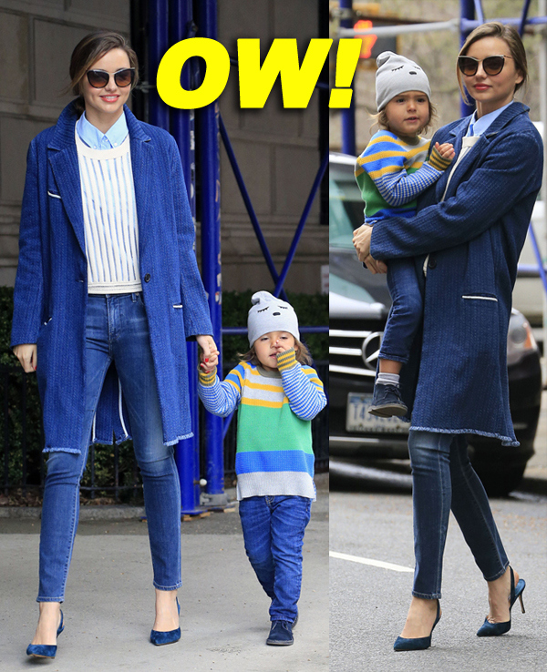 Miranda Kerr and son Flynn head to Central Park for a walk. The mother and son looked stylish as they both wore outfits with shades of blue