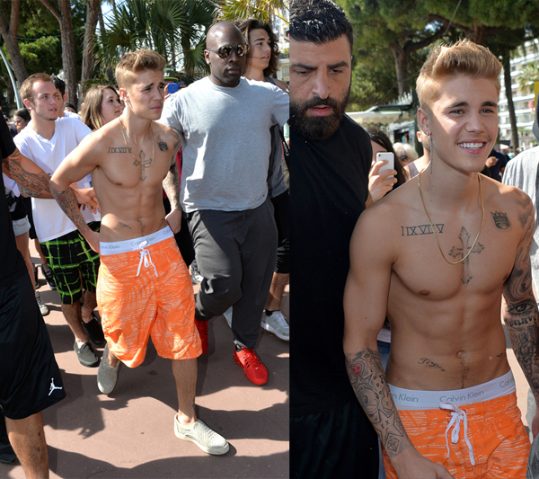Justin Bieber goes shirtless as he walks around the Cannes Film Festival