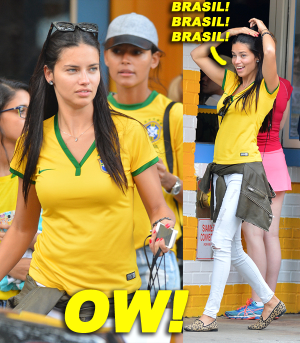 EXCLUSIVE: Adriana Lima seen without make up as she leaves a bar after Brazil Vs Cameroon World Cup Soccer game on the Lower East Side in New York City