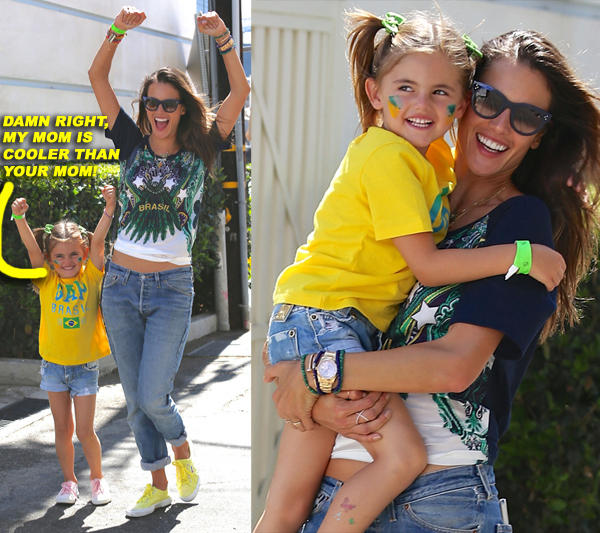 Alessandra Ambrosio and daughter Anja wear the colors of Brazil after watching the first game of the World Cup at an Irish Pub in Los Angeles