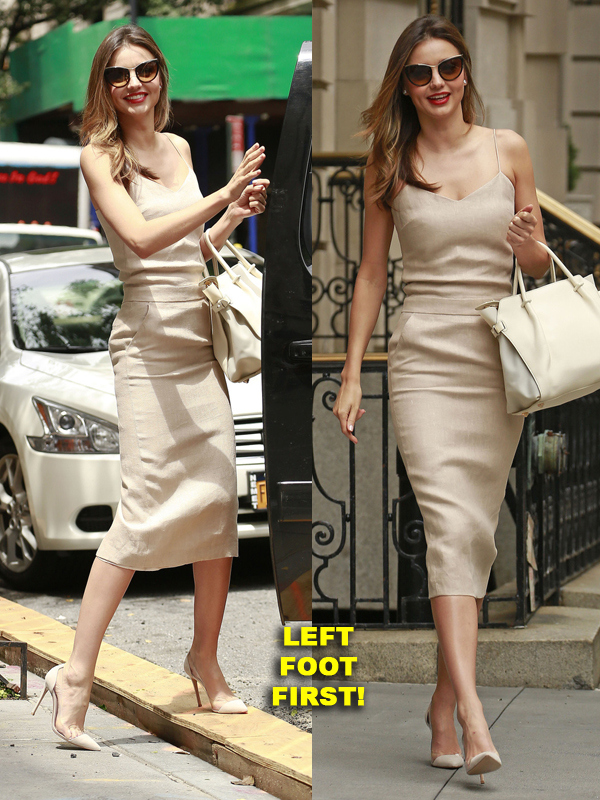 Miranda Kerr wears classic nude shade dress while exiting her apartment in New York City