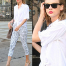 Taylor Swift Steps Out In A White Blouse & Cropped Leggings