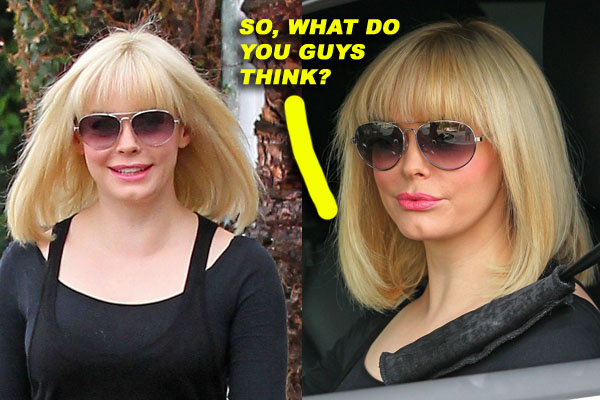 Actress Rose McGowan seen stepping out from Benjamin Hair Salon on Melrose Ave in Hollywood revealing a stylish new blonde hair do.