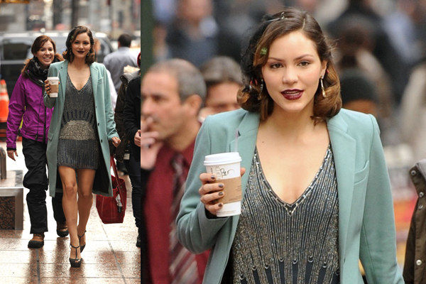 Katharine McPhee travels back to the roaring 20's as she sports a long turquoise coat over a flapper style dress on the way to the NYC set of "Smash"