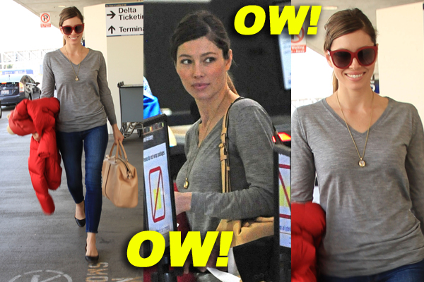 **EXCLUSIVE** Jessica Biel seen at LAX Airport as she walks out with her luggage