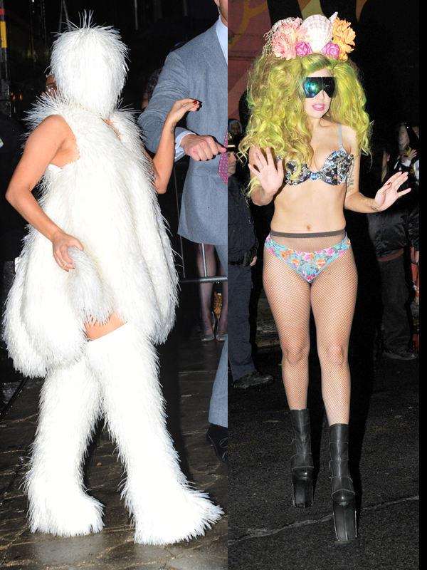 Lady Gaga seen wearing bikini, a sheer bottom and summer Hawaiian flowers and sea shells in New York City