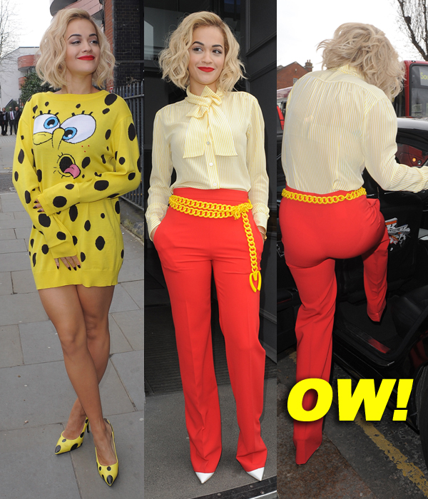Rita Ora arriving at a studio, wearing a Spongebob Squarepants outfit