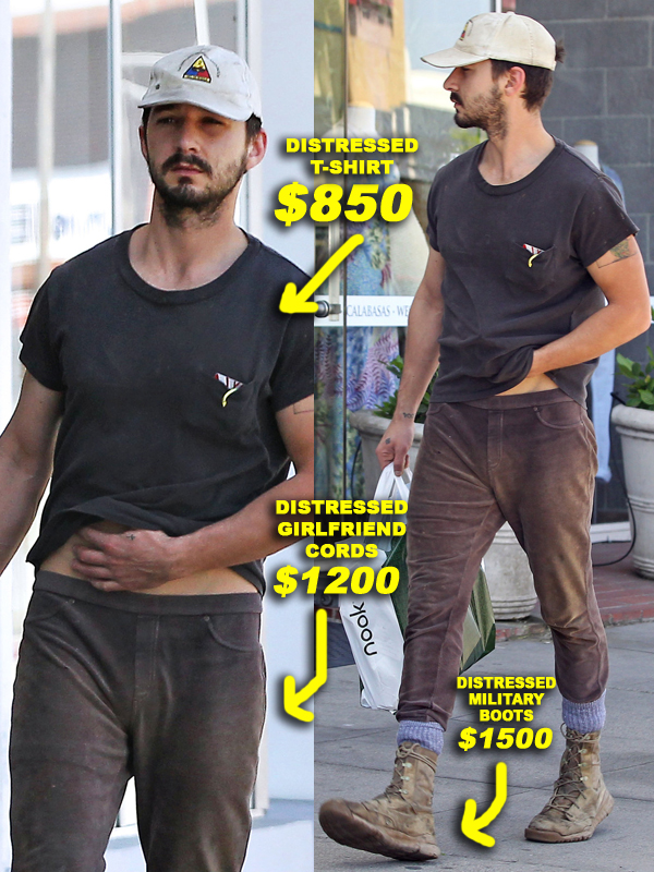 Shia LaBeouf, wearing his trademark brown pants, boots and tattered hat, picks up some books in Los Angeles